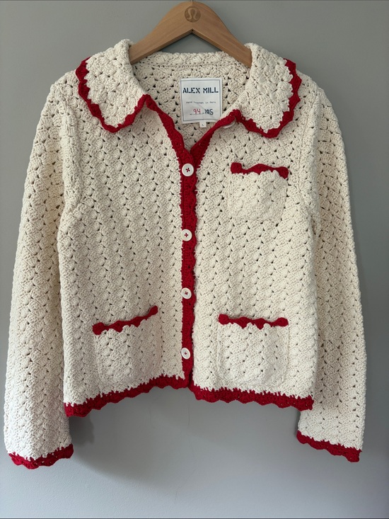 Alex Mill Sweaters - Alex Mill Molly Hand Crochet Knit Cardigan Cream  Red Large Cottagecore Coastal